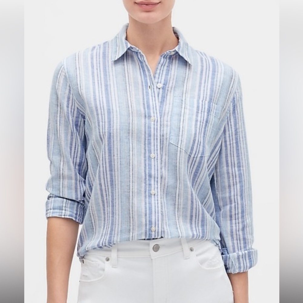 GAP Light Blue Linen Striped Button Down Shirt